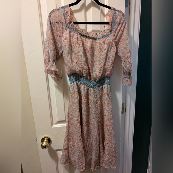 Badgley Mischka Sheer Flowy Off Shoulder Pink Blue Geometric Pattern Silk Dress - Picture 1 of 4